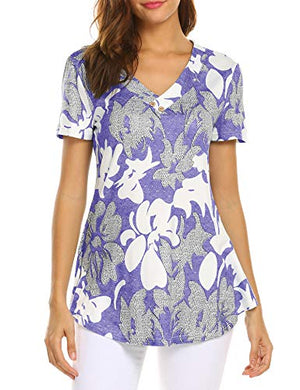 Sweetnight Women Floral Print V Neck Button Decor Peasant Summer Swing Tunic Tops Shirts at Amazon Womenâs Clothing store: