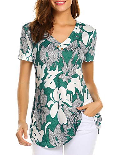 Sweetnight Women Floral Print V Neck Button Decor Peasant Summer Swing Tunic Tops Shirts at Amazon Womenâs Clothing store: