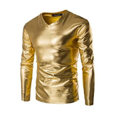 Night Club Wear Men's Elastic Shirts Slim Fit Fashion Metallic Shiny Shirt Mens Shirts Long Sleeve Chemise Homme Clothing