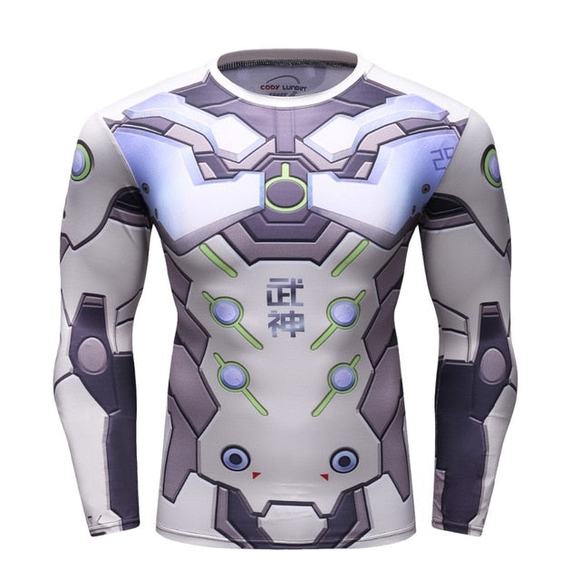 Men's Compression T-shirt Long Sleeve Double Sided Prints Rashguard Fitness Base Layer Weight Lifting Wear Tops & Tees