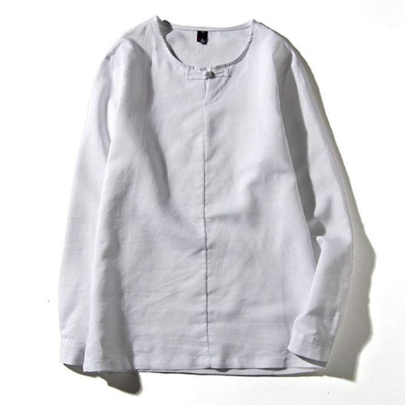 Spring Chinese Men's Wear Cotton and Hemp T-shirt, Loose Long-sleeved Round-collar Hanjacket, Men's Large Bottom Shirt and Linen